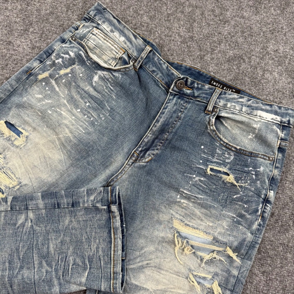 Smoke Rise Jeans 38x32 Blue Distressed‎ Paint Splatter Moto Denim Mens